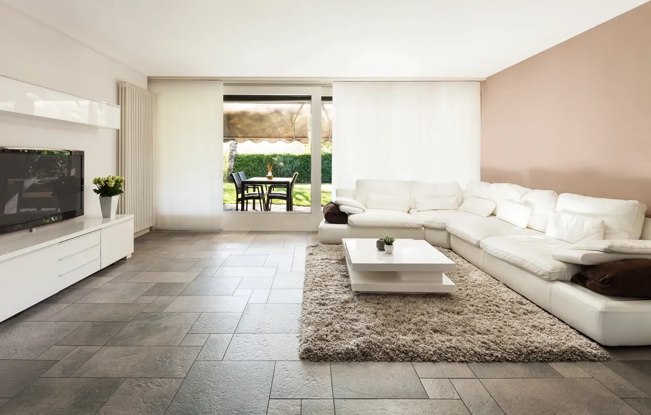 Modern living room with stone tile flooring